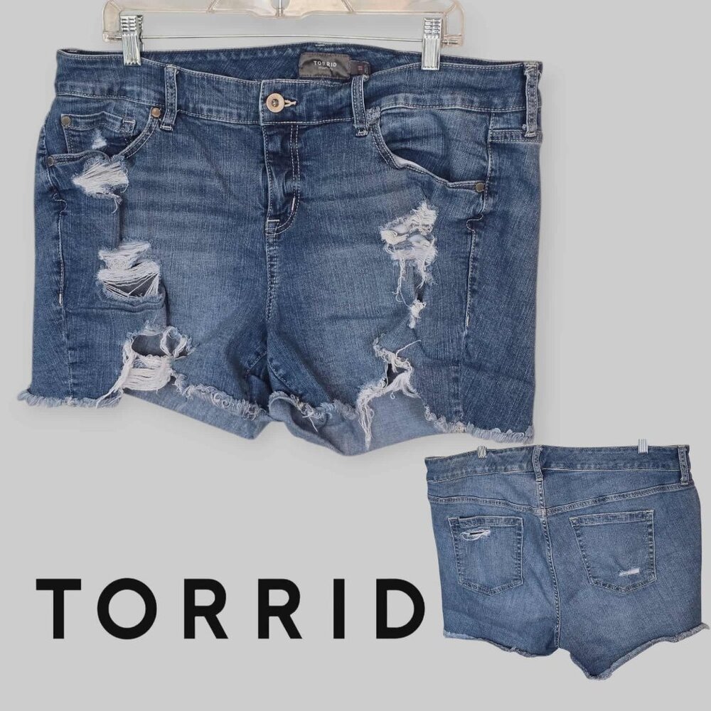 Torrid Distressed Raw Cut Off Hem Denim Blue High Rise  Shorts Womens 18